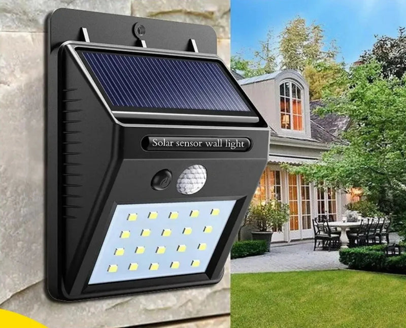 Luminária Solar com Sensor de Presença Automático e 20 LEDs – Iluminação Eficiente para Jardim, Entrada e Garagem